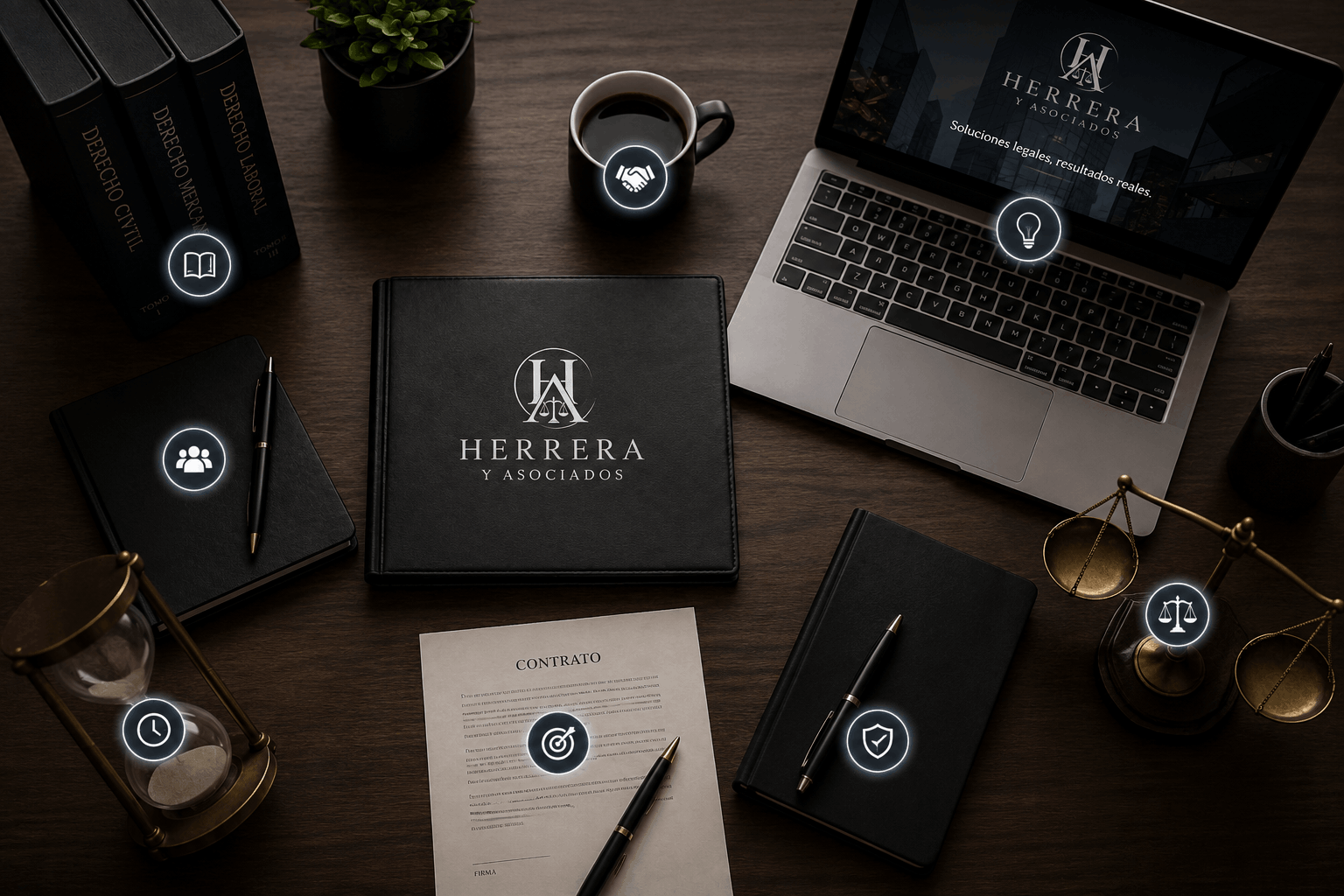 Escritorio del despacho Herrera y Asociados con libros jurídicos, laptop, contrato, balanza, agenda, reloj de arena y taza de café